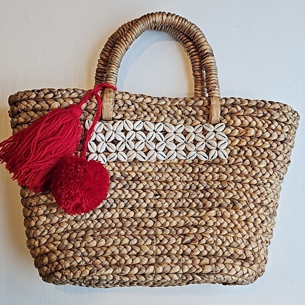 Haute Hippie Straw Puka Shell Beach Bag with Red Tassel and Pom Pom NWT